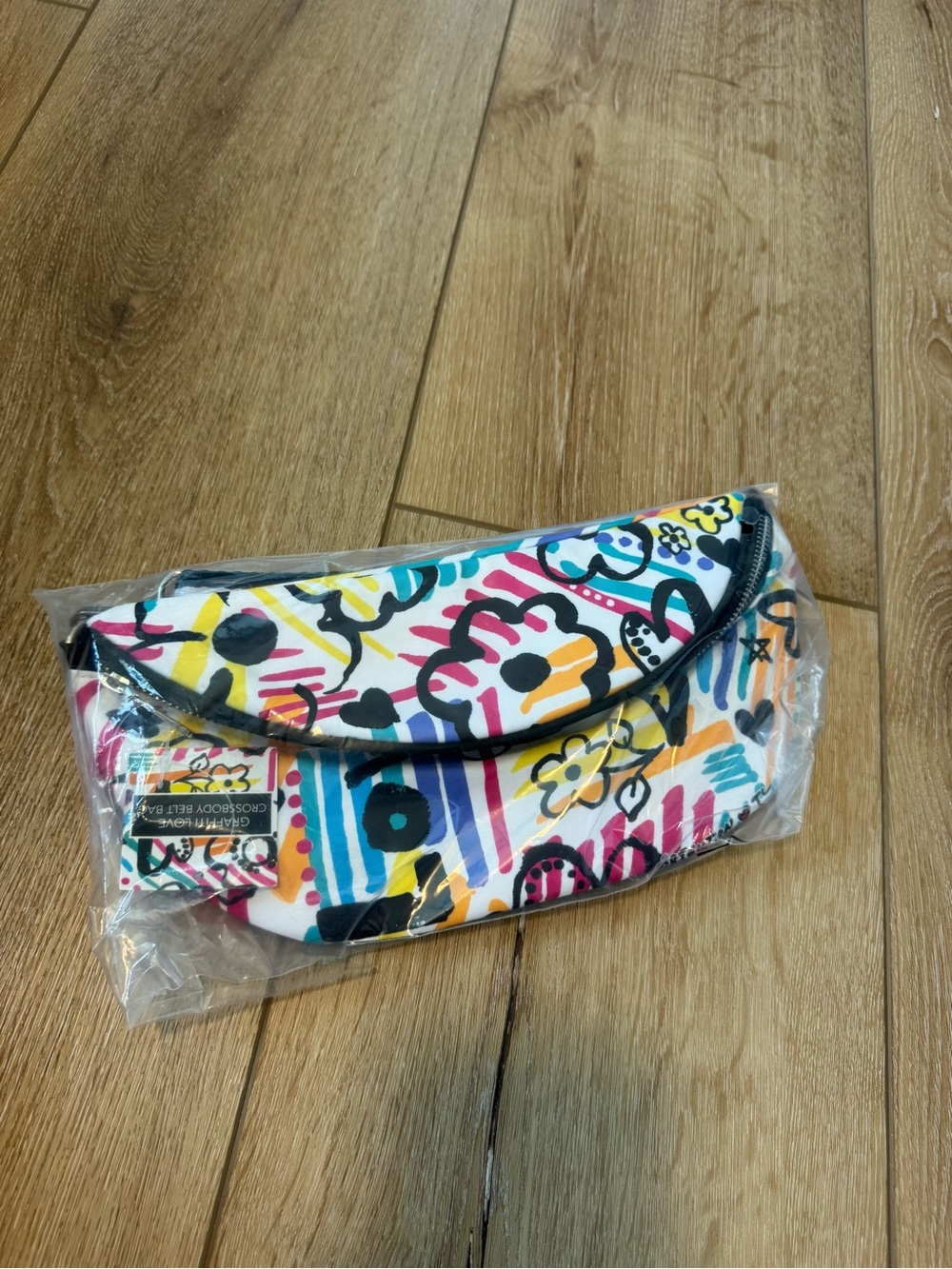 BRIGHTON Graffiti Love Floral Crossbody Belt Bag White Multicolor Polyester NEW